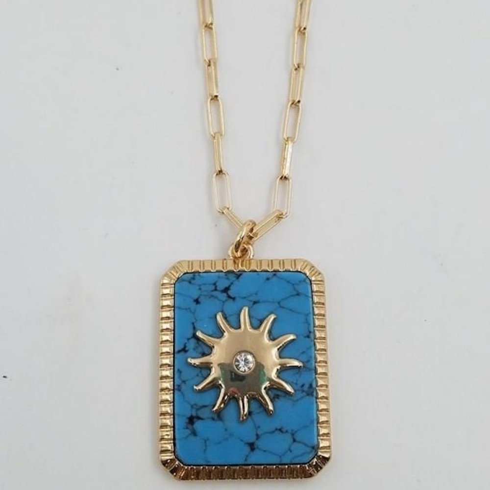 Turquoise Gold Tone Sun Pendant Necklace